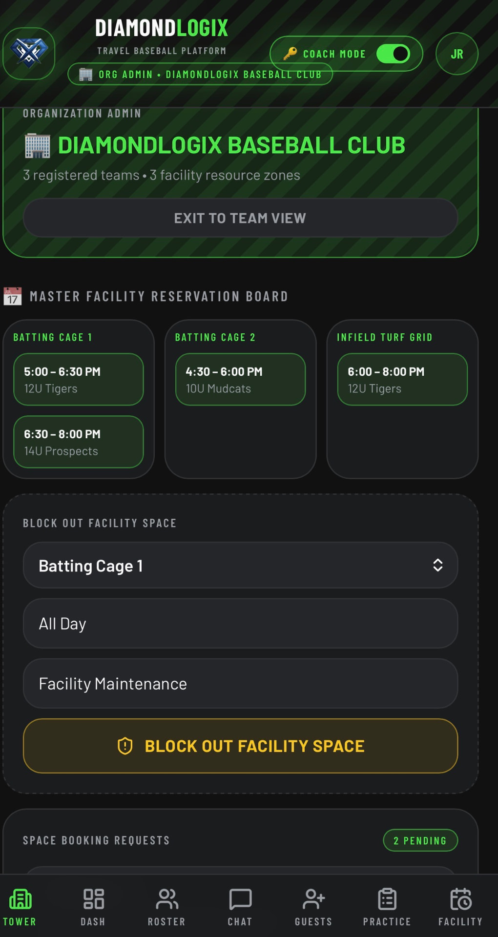 Tournament Command Center dashboard showing live brackets, schedule, and field status